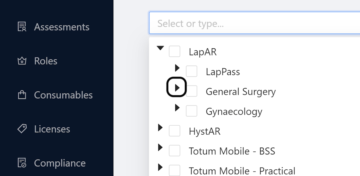 Click on the speacilty caret-down to reveal individual procedures