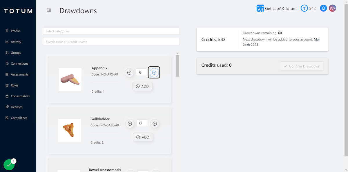 Click the plus icon to increase the number of models you would like to draw down